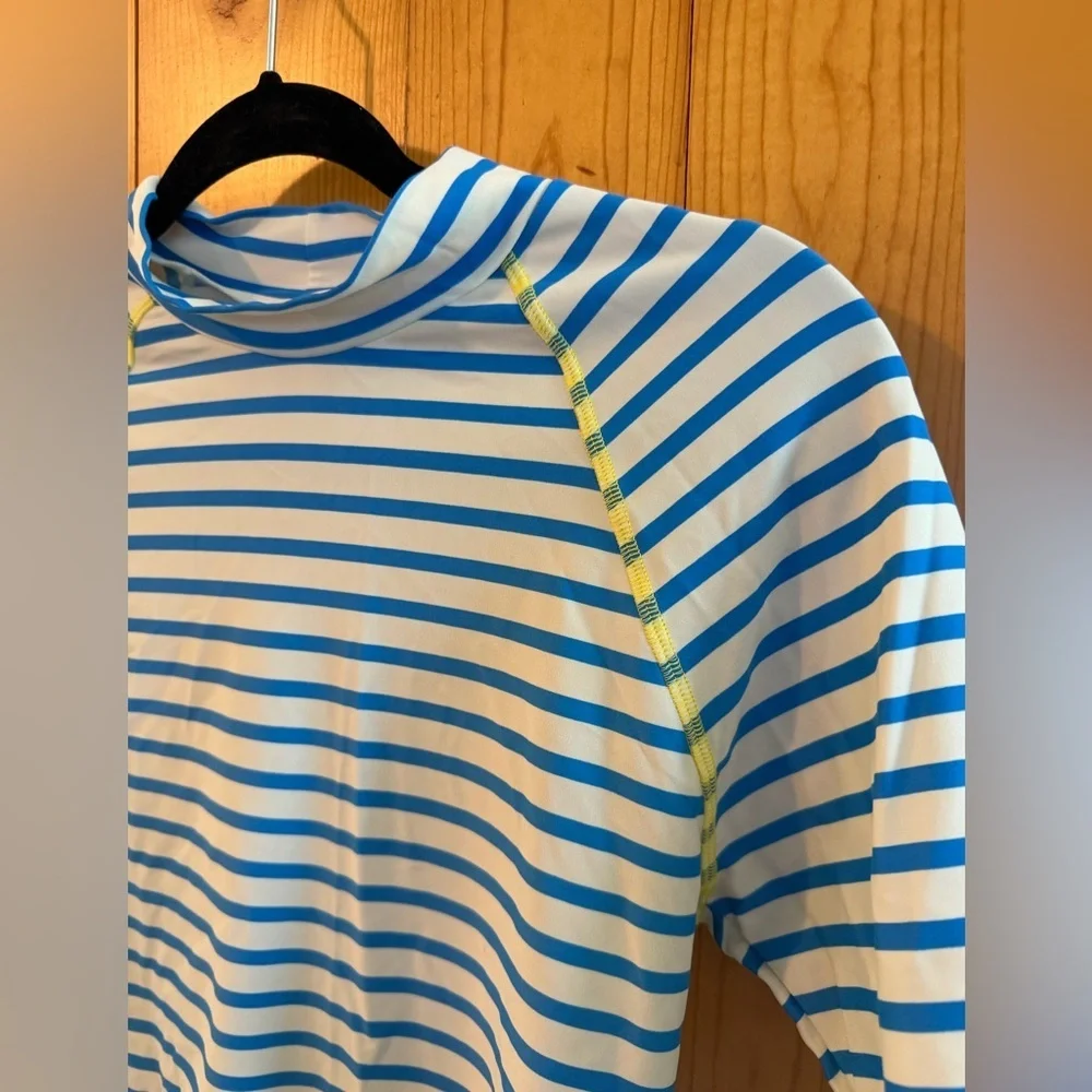 Johnnie B Blue and White Striped Short Sleeve Rash Guard EUC